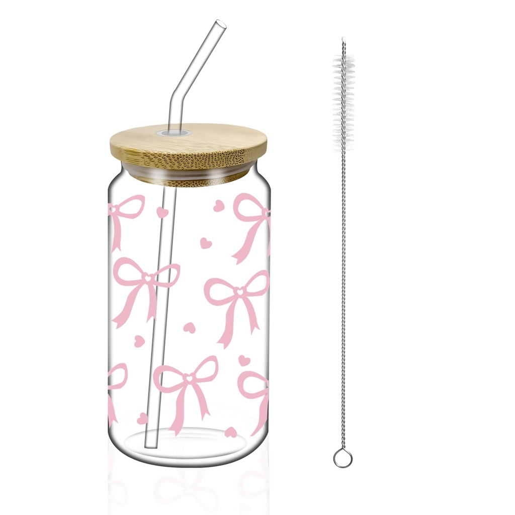 HOMJOY 16oz Iced Coffee Glass Cup with Lid, Straw and Brush, Pink Bow Coquette Aesthetic Tu