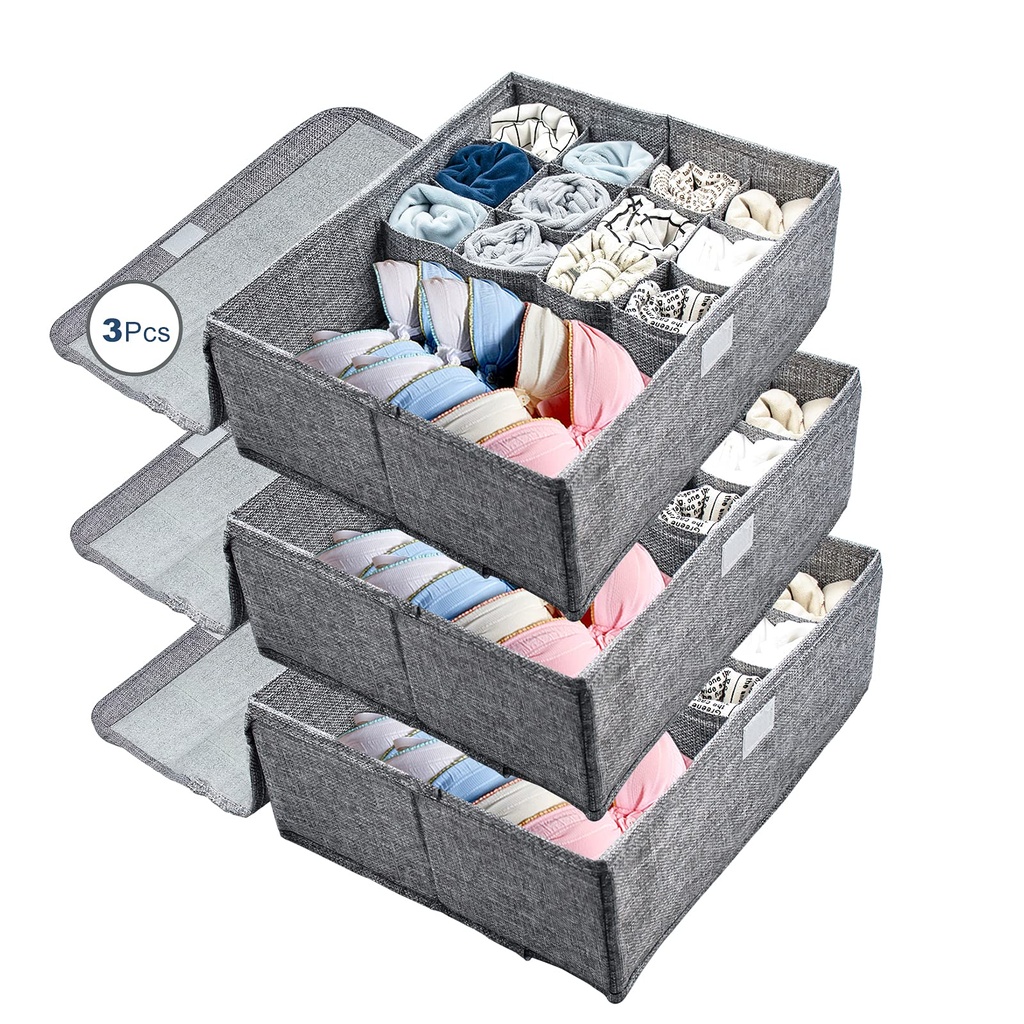 MERYSAN 3Pcs Closet Underwear Organizer Storage Box with Lid, Collapsible Dustproof Linen C