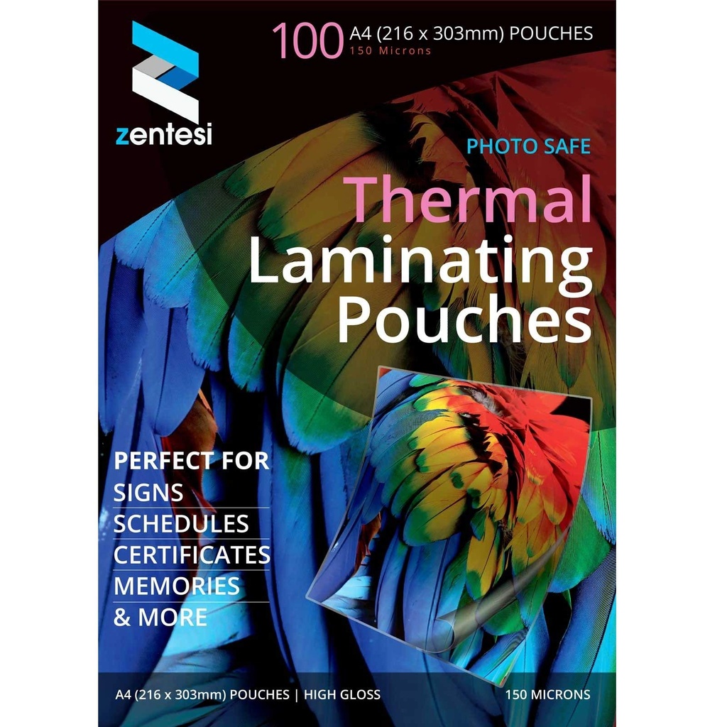 Zentesi A4 Laminating Pouches High Gloss Laminator Sleeves 150 Micron (75 + 75 Microns) 