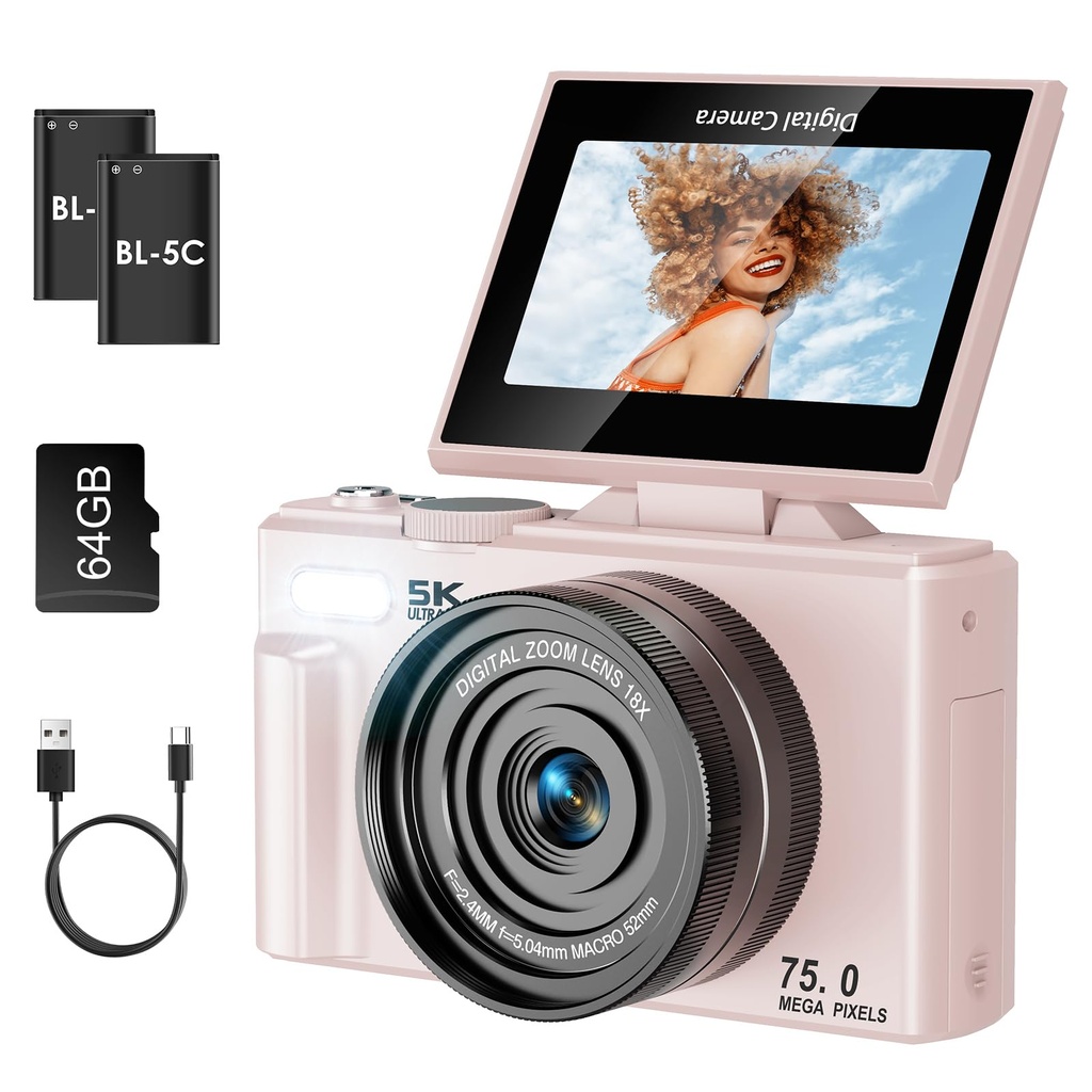 SOPPY 5K Digital Camera with WiFi Transfer, 75MP Vlogging, 18X Zoom & 3" Flip Screen, Auto F