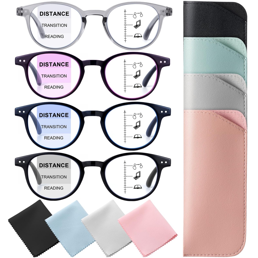 Zuimei 4 Pack Progressive Multifocal Reading Glasses for Women Men, Blue Light Blocking with
