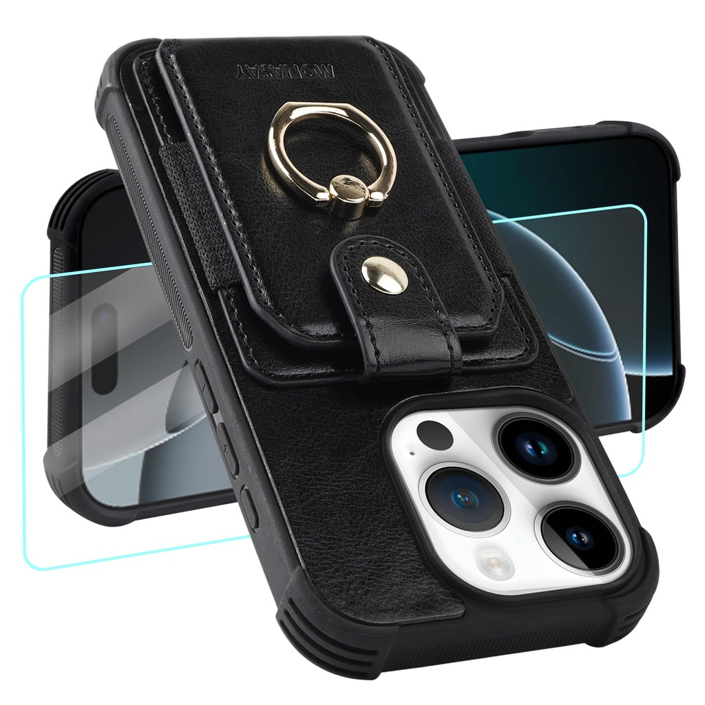 MONASAY for iphone 16 Plus 5G 6.7 inch Wallet Case with 360Ã‚Â° Rotation Ring Stand[Glass S