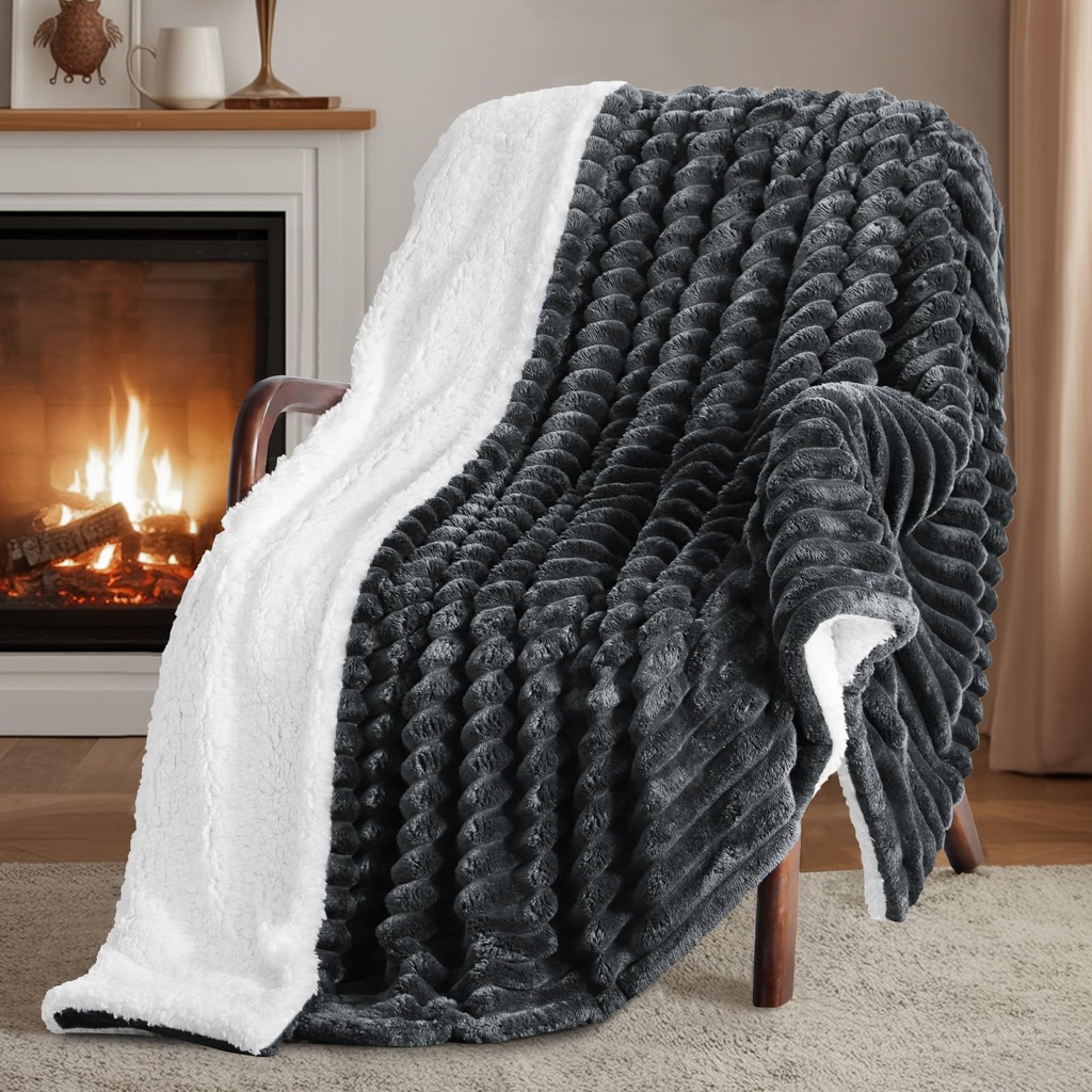 RUIKASI Sherpa Blanket Throw for Sofa - Fluffy Luxury Ribbed Blanket, Thick Warm Cozy Soft