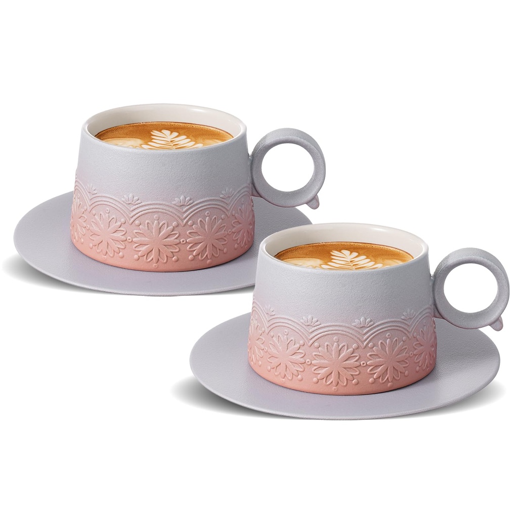 ZENS Cappuccino Cups with Saucers Set of 2, 220 ml Gradient Pale Pink Ceramic Cappuccino Mug