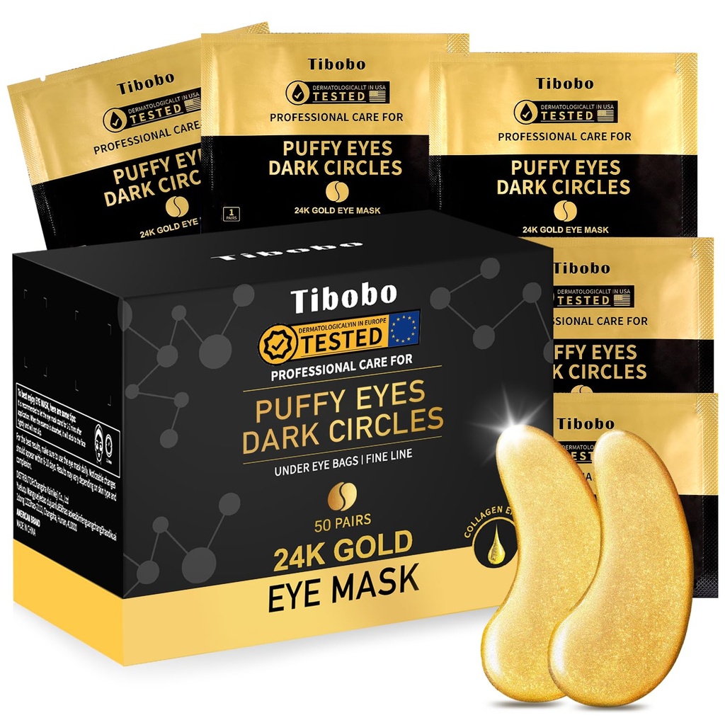 24K Gold Under Eye Patches, 50 Pairs Gel Eye Pads Skincare, Collagen Hyaluronic Acid, Agains