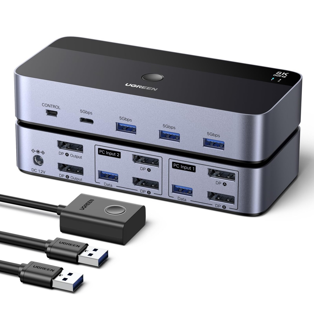 UGREEN 8K@60Hz Displayport KVM Switch 2 Monitors 2 Computers Support 4K@240Hz, 4 Port USB K