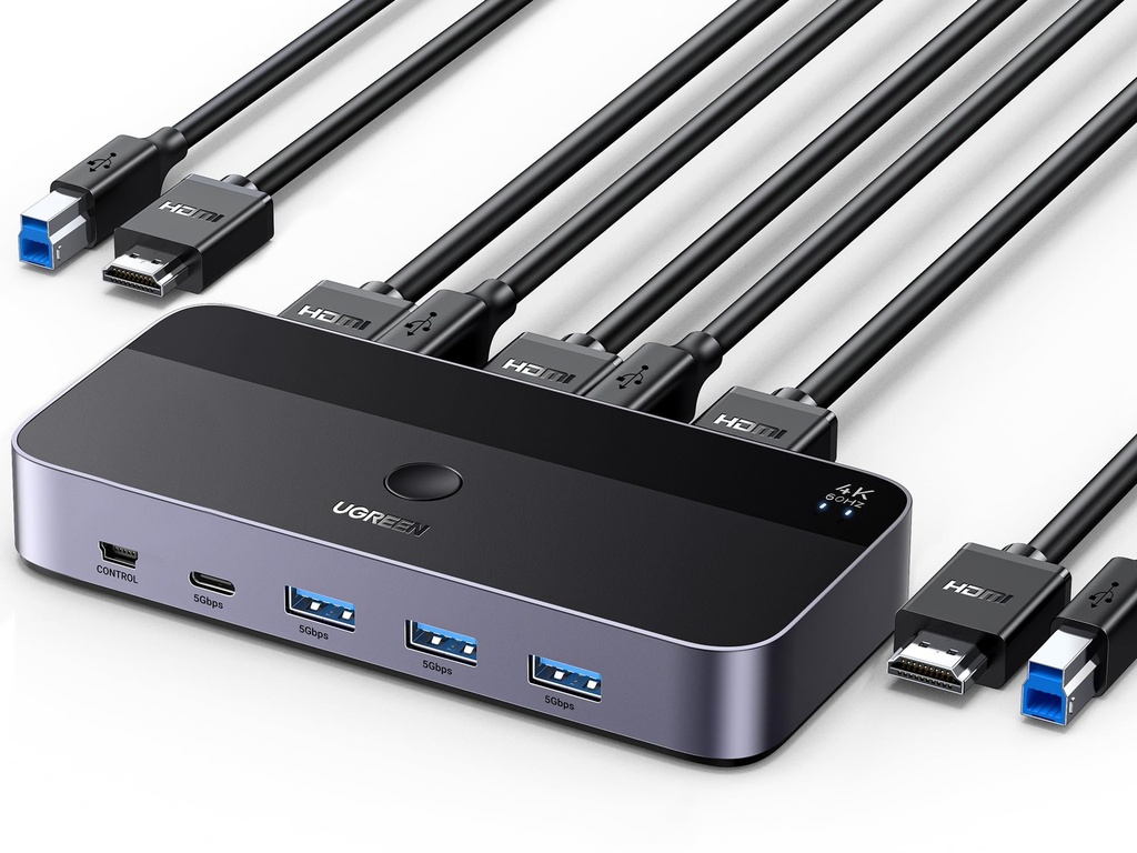 UGREEN KVM Switch HDMI 4K@60Hz, 3.0 4-Port Hub with 1 USB-C and 3 USB-A Ports for Sharing 