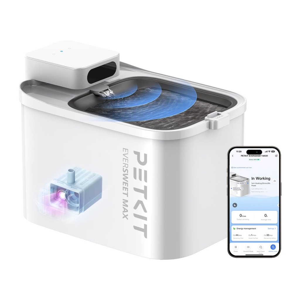 PETKIT Wireless Cat Water Fountain, EVERSWEET MAX with UVC Pump, 3L, Cordless 5000mAh Batter
