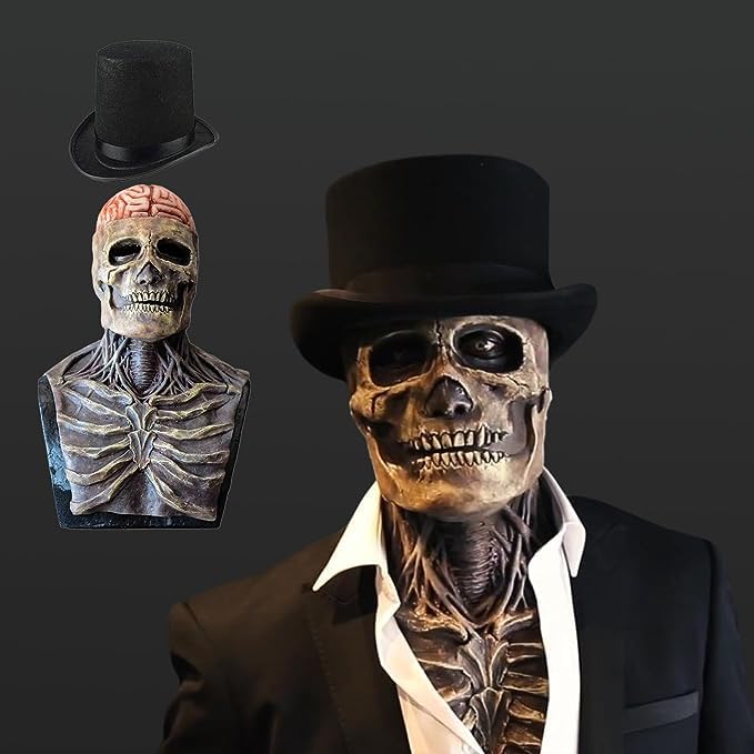 FUFRE Halloween Mask Full Head Skull Mask, Realistic Scary Mask with Hat, 3D Halloween Skull