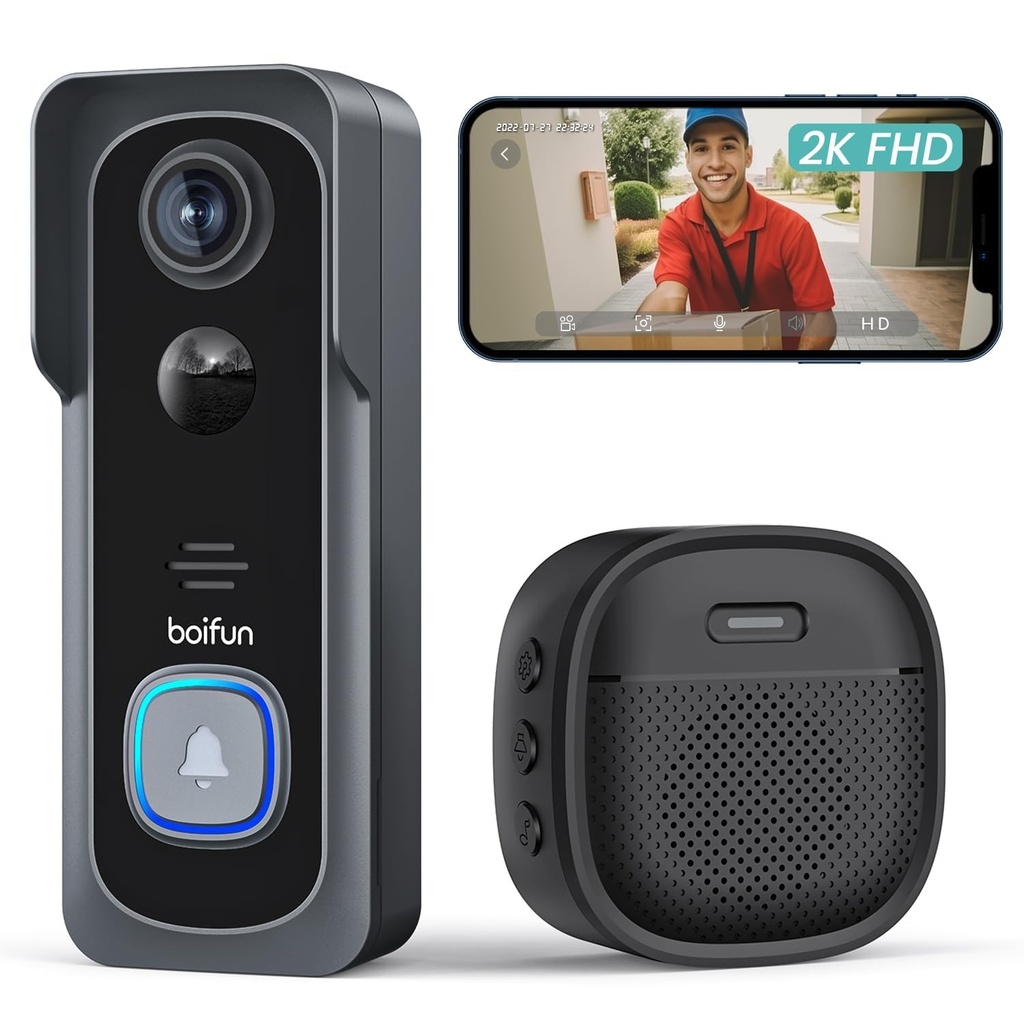 BOIFUN 2K Video Doorbell Camera Wireless, No Monthly Fee, Motion Detection, Two-way Talk, C