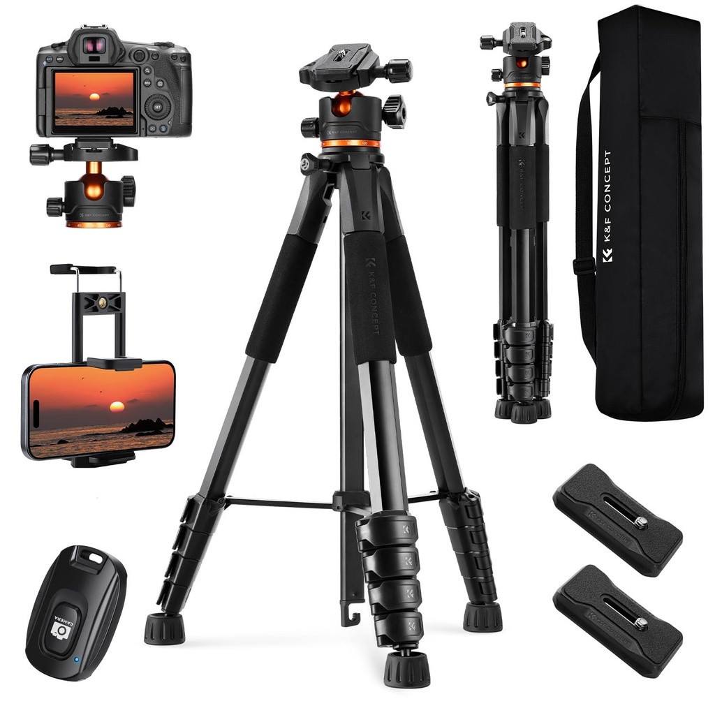 K&F CONCEPT 75 inch Camera Tripod, Lightweight Travel DSLR Tripods with 360 Degree Ball Head