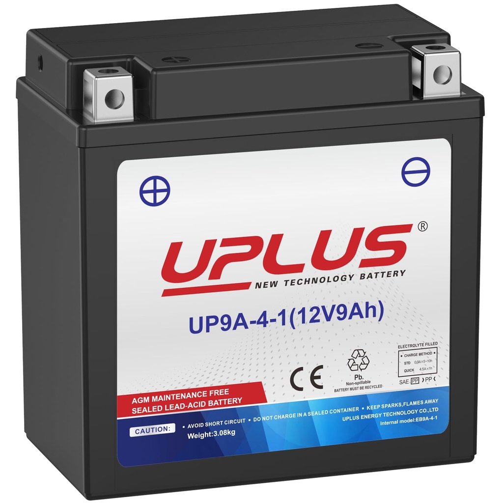 UPLUS UP9A-4-1 Motorcycle/Powersport Battery, 12V, 9Ah, replacement for YB9-B AGM-Maintenanc