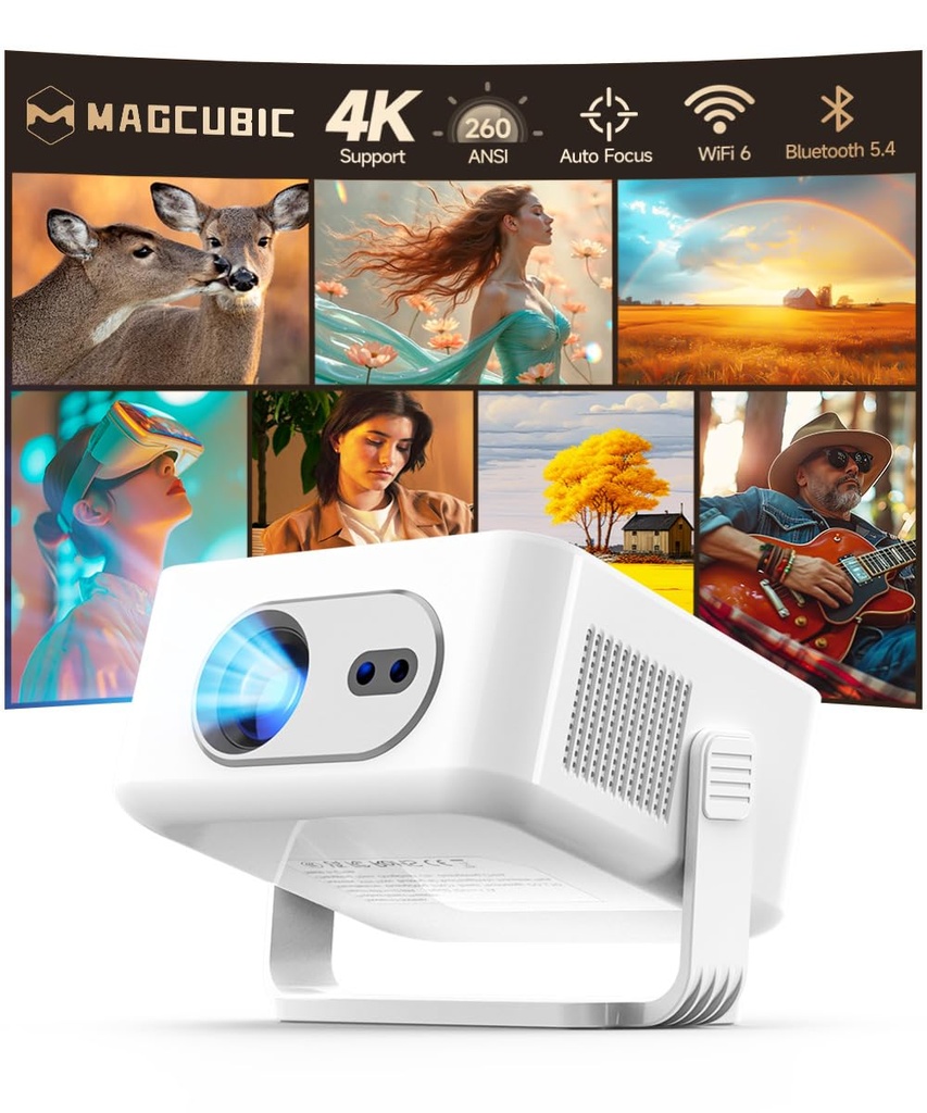Smart Projector with WiFi 6 and Bluetooth 5.4, Protable Mini Projector 260ANSI 4K Support, U