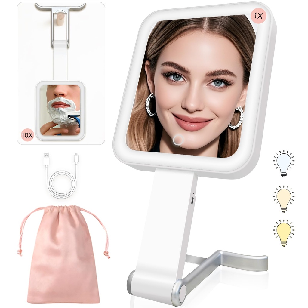 gesxo Double Sided 10X/1X Magnifying Travel Makeup Mirror, Handheld Compact Mirror with 3 C