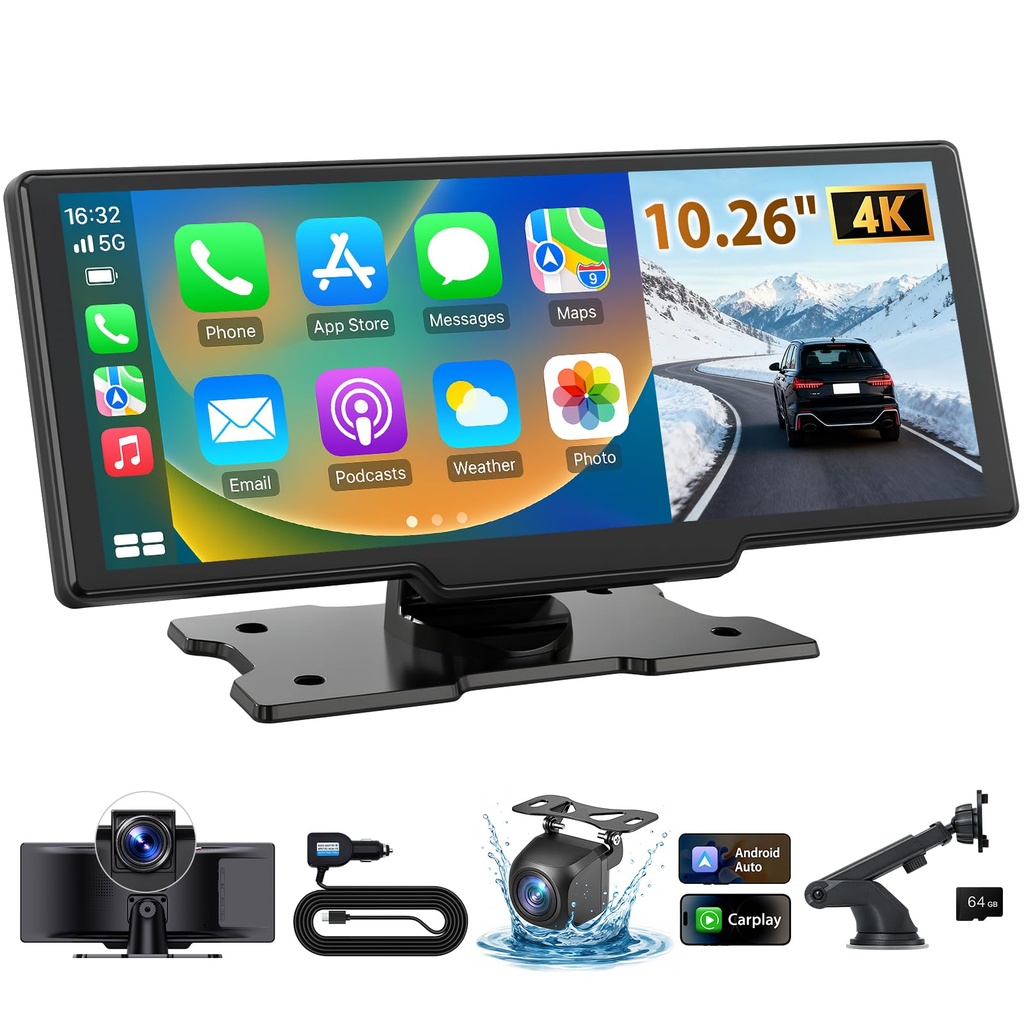 Wireless Carplay & Android Auto 10.26" Screen | Apple Car Play with 4K Dash Cam & Reversing camera