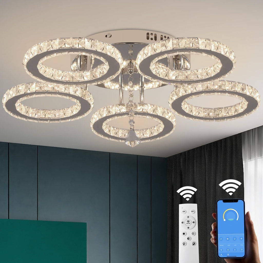VETRULUS Modern Crystal LED Ceiling Light Stepless Dimmable Flush Mount Crystal Chandelier f