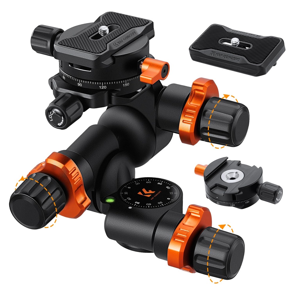 K&F Concept Geared Tripod Head, 360 Panoramic 3-Way Ballhead with Quick Release Plate, 6K