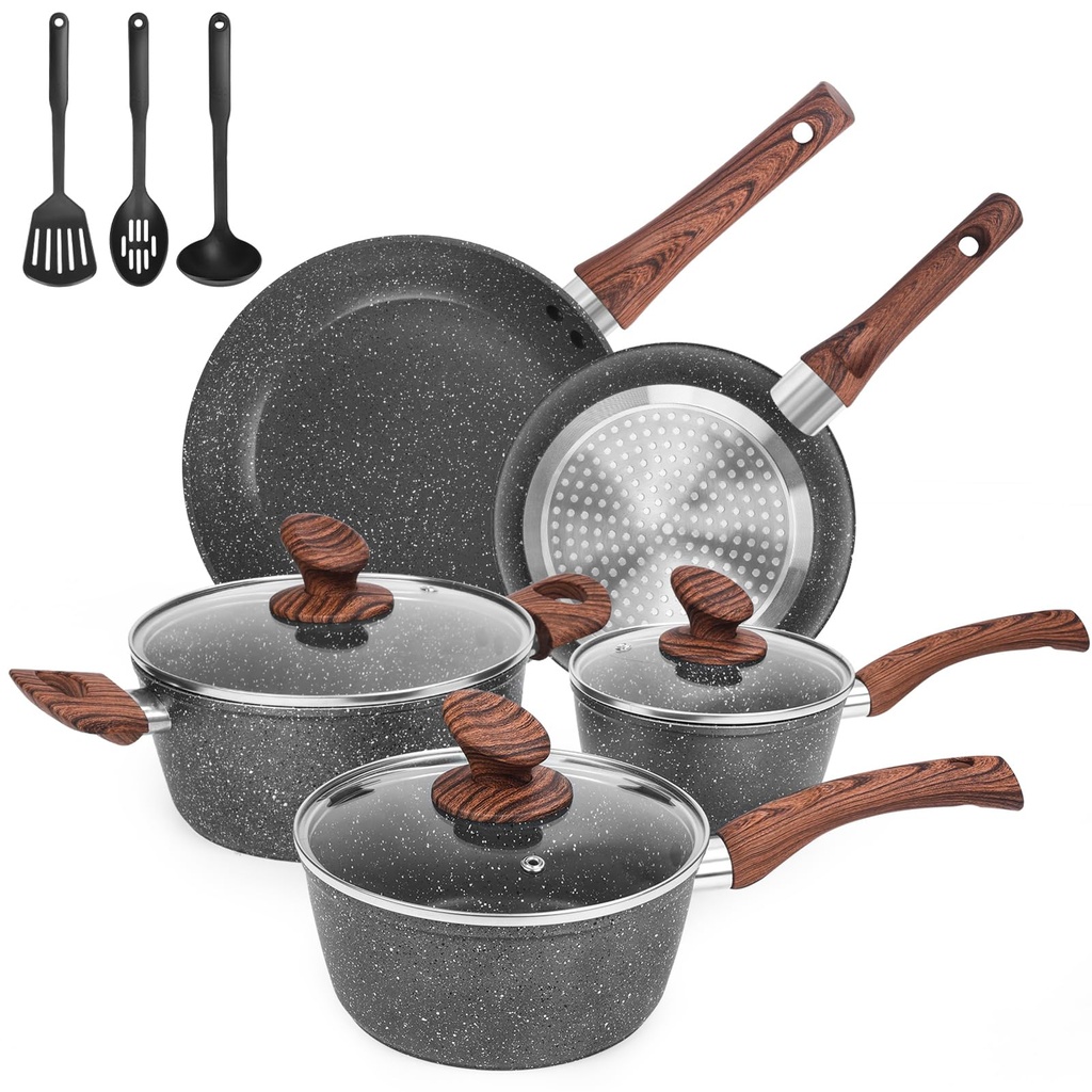M MELENTA Non Stick Pots and Pans Set, 11 Piece Die-Cast Induction Hob Pan Set, Granite Cookware