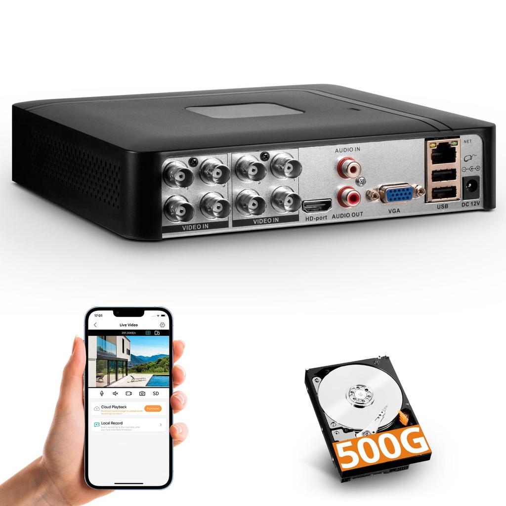 Surveillance DVR 8 Channel H.265+ Security Video Recorder with 500G HDD,Hybrid 6-in-1 CCTV D