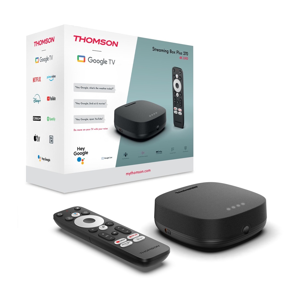 Thomson Streaming Box 270UK Plus, Built-in Speaker for Voice Control, Google TV, Netflix, D