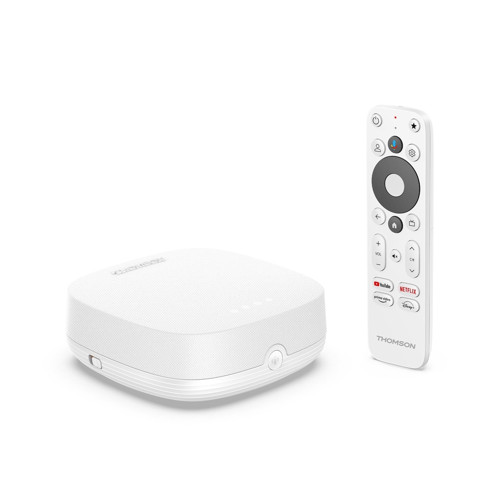 THOMSON Streaming Box Plus 270 White, Google TV, 4K UHD, Built-in Speaker for Hands Free Vo