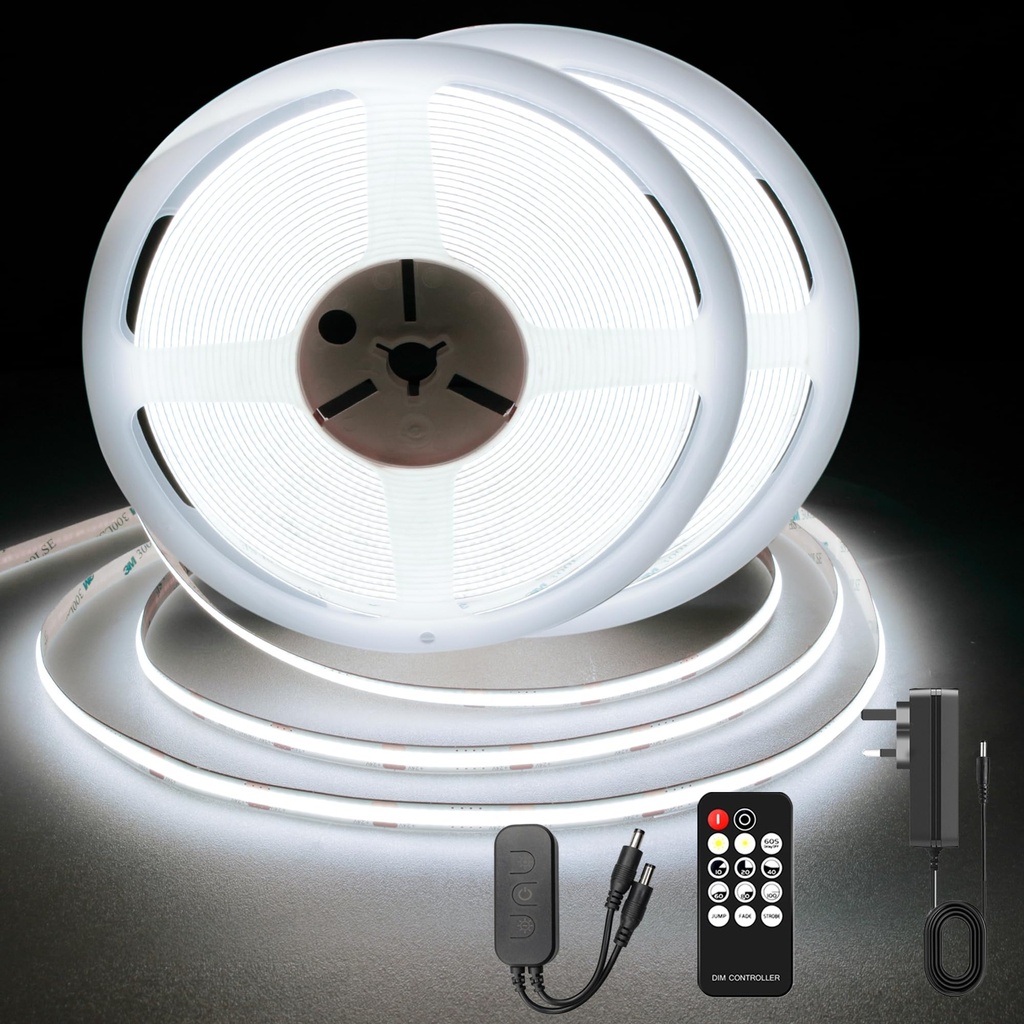 TTWAY COB LED Strip 15M, DC24V LED Strips 6000K with Power Supply, Remote Controller, CRI 9