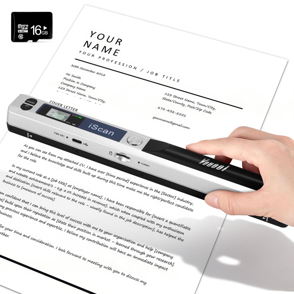 Youool Handheld Scanner Document Scanner, A4 900 DPI High Resolution Colour Photo Portable 