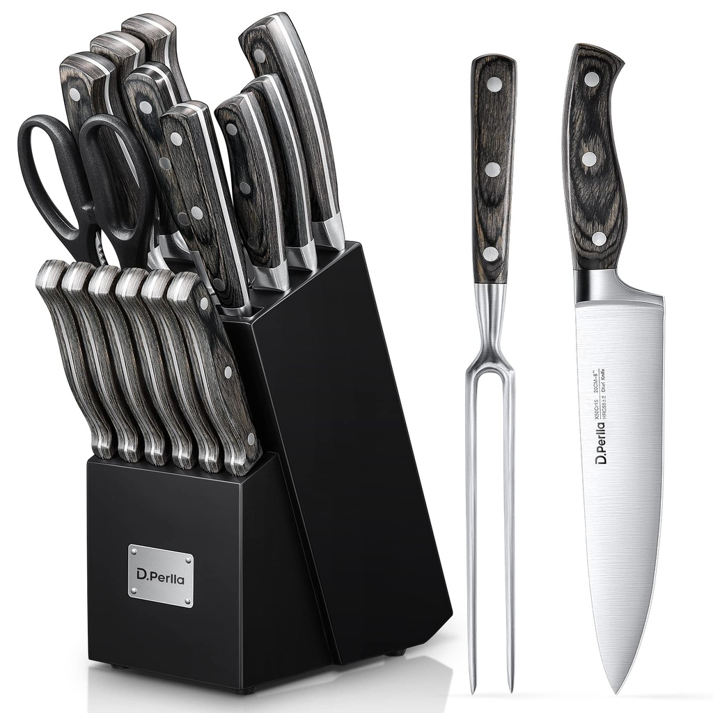 D.Perlla Knives Set,16PCS Stainless Steel Kitchen Knives Set with Wooden Knife Block