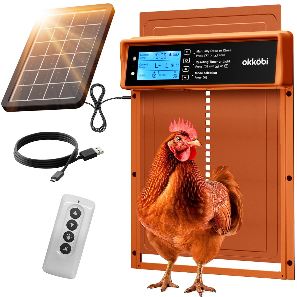 Okkobi Automatic Chicken Coop Door Solar Powered - LCD Display - Chicken Coop Door