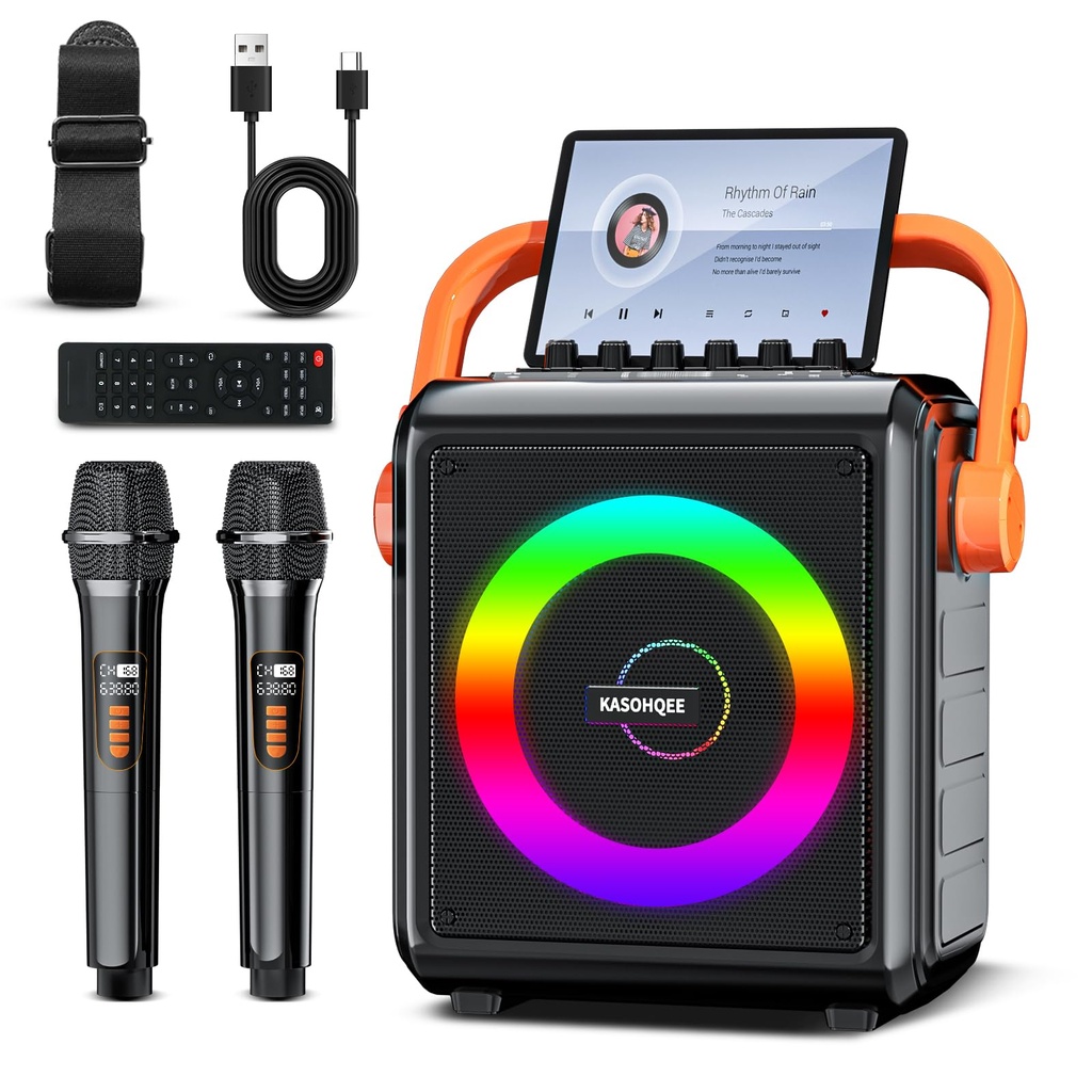 KASOHQEE Karaoke Machine for Adults with 2 Wireless Microphones, Portable Bass/Treble Bluetooth