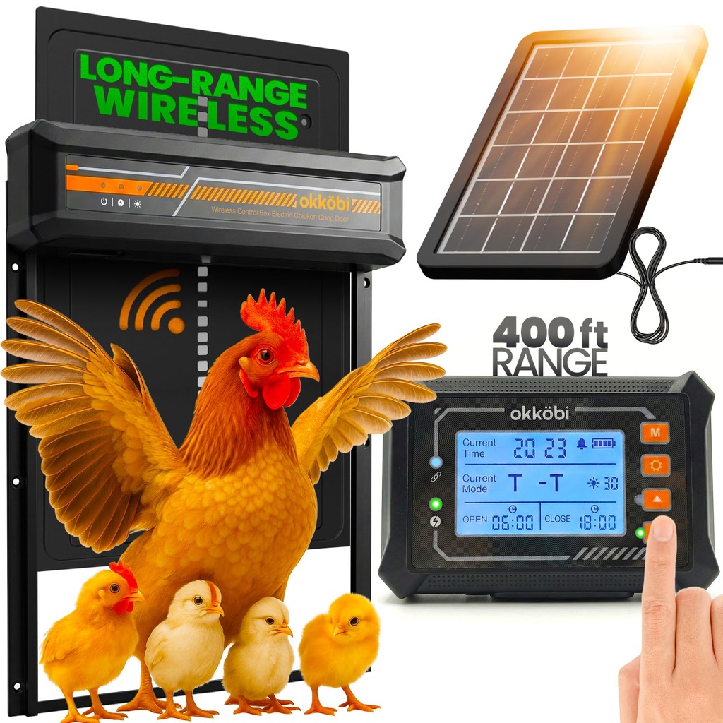 Okkobi Automatic Chicken Coop Door Solar Powered with Wireless Control Box  LCD
