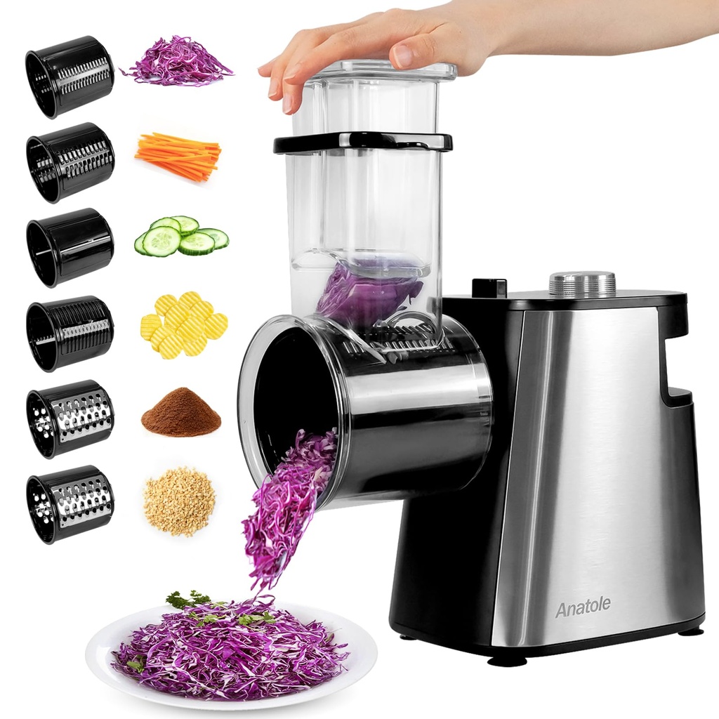 Anatole Electric Cheese Grater Stainless Steel Vegetable Shredder 6 Blades 250W Large Inlet