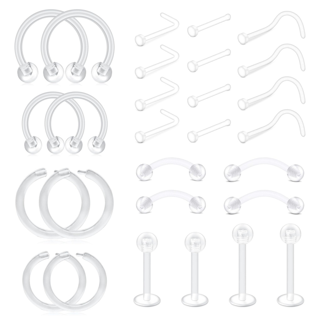 WillTen 28PCS Mixed Clear Piercing Kit,Nose Stud Hide Piercing for School Flat,16G 20G Clea