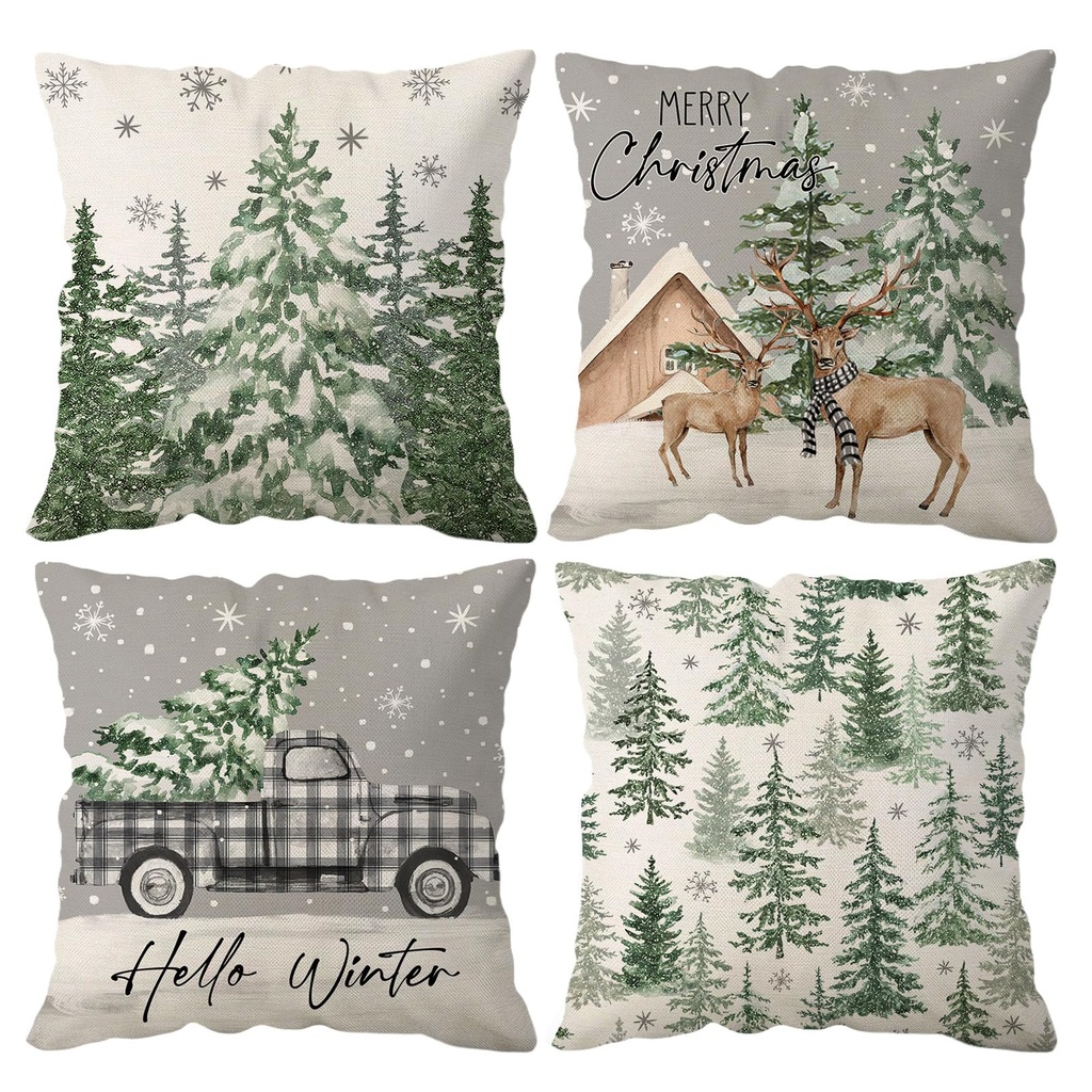 Joyshare Christmas Pillow Covers Set 4, 16x16 Inch Linen Cushion Covers with Snow Forest