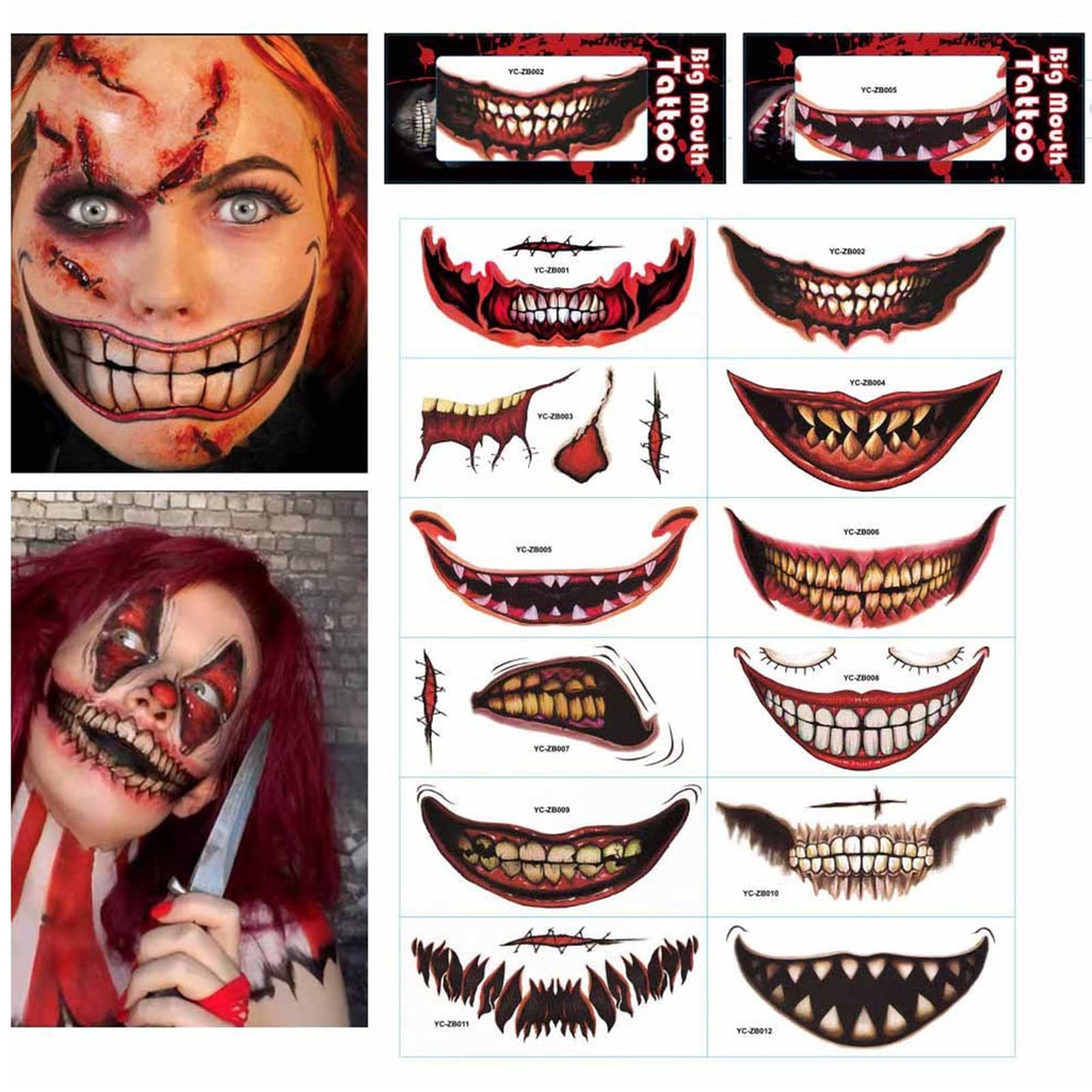 12Pcs Halloween Prank Make up Temporary Tattoos,Halloween Makeup Cosplay Clown Horror Mouth
