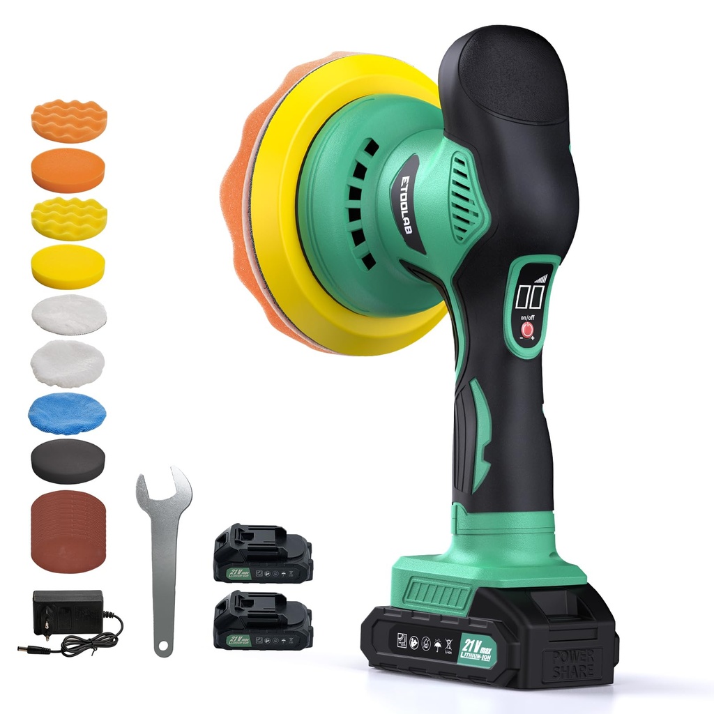 Car Polisher, ETOOLAB Car Polishers and Buffers, 22 pcs Kit, 8 Variable Speeds, Cordless Pol