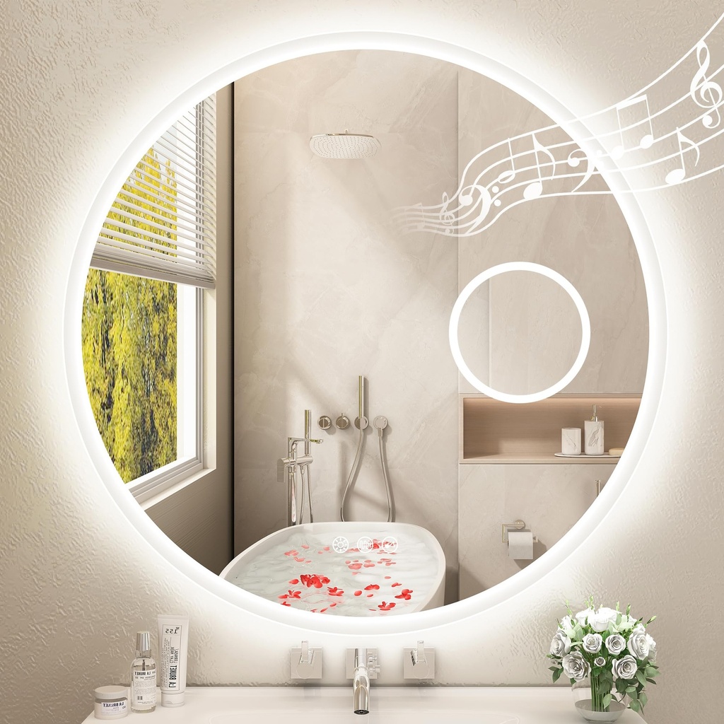 STARLEAD 600 MM Round-Bathroom-Mirror-with-LED-Lights, Bluetooth, 5X Magnifying Mirror, LED