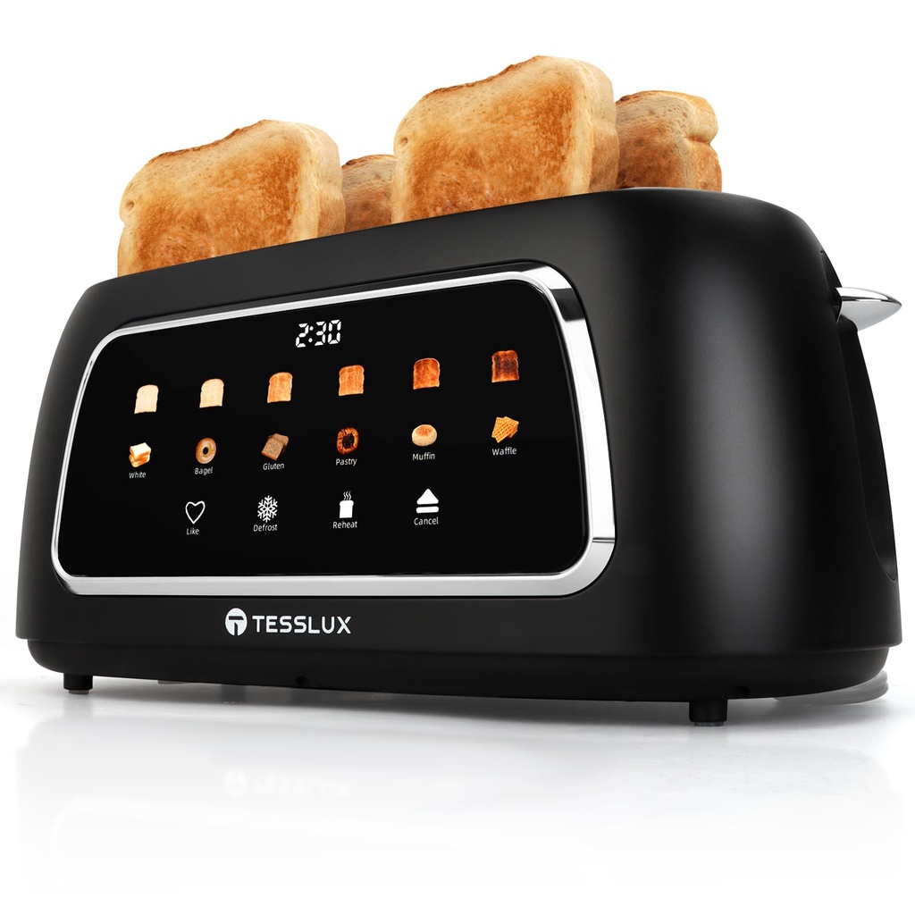Tesslux 4 Slice Toaster with Touch Screen Control, 1.5" Wide Long Slots, 6 Browning Levels &