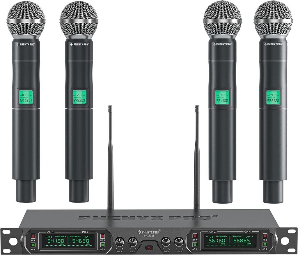 Phenyx Pro Wireless Microphone System, 4-Channel UHF Wireless Mic, Fixed Frequency 