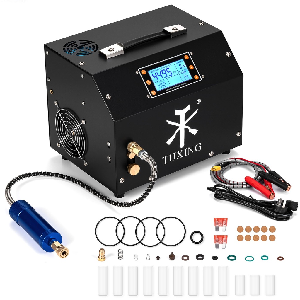 TUXING Pcp Air Compressor,LCD Display Version Auto-Stop 4500Psi/30Mpa,Oil/Water-Free, Built-in Transformer/Drain System Pump for PCP Air Rifles and Airguns