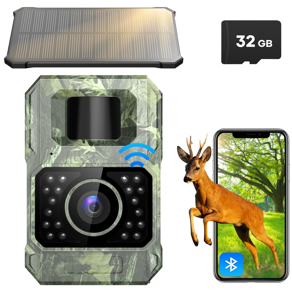 Wildlife Camera WiFi Bluetooth, 48MP 30fps Solar Infrared Trail Camera with Night Vision Mo