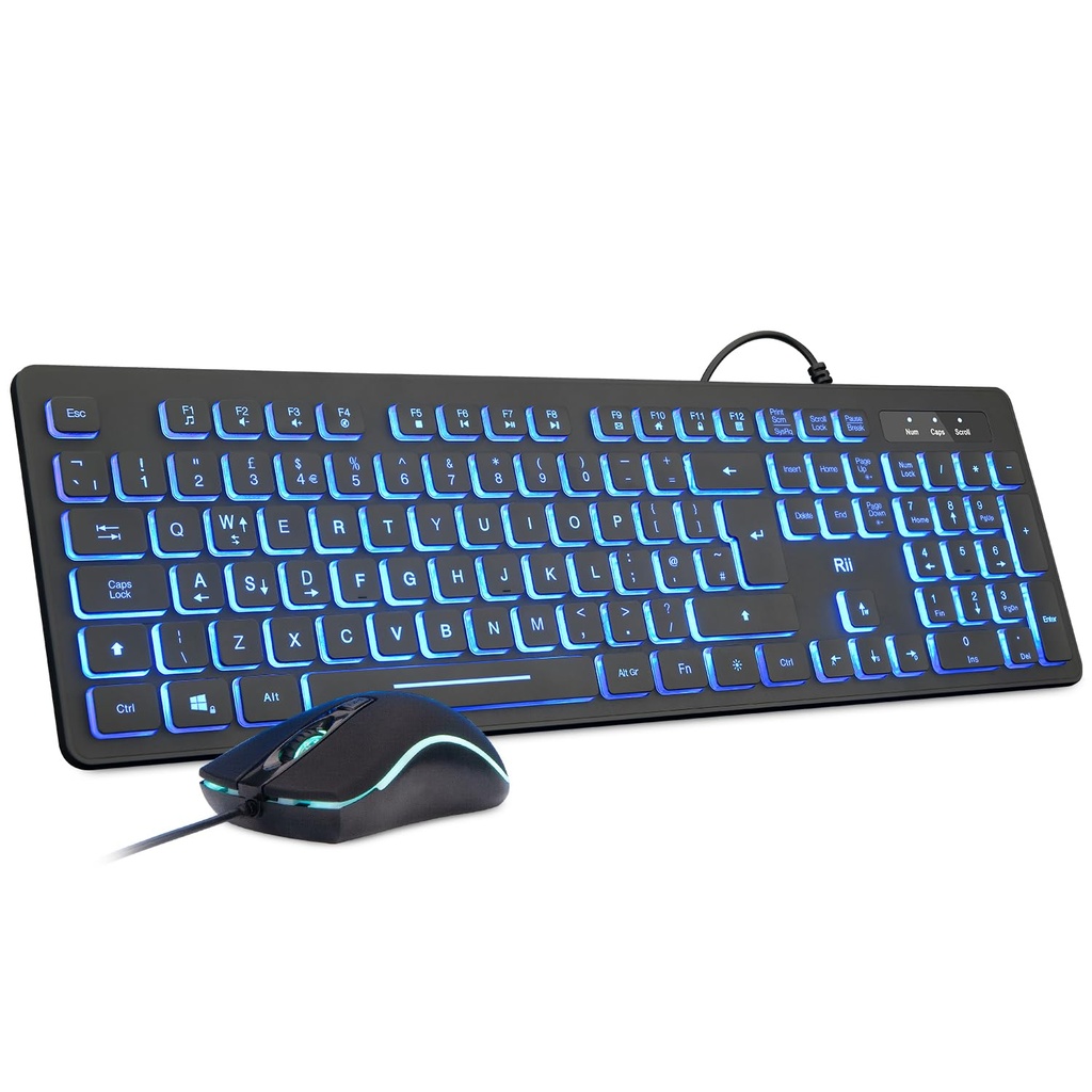 Rii Wired keyboard and mouse, RK105 USB Keyboard and Mouse with Backlit(White Green Blue) f