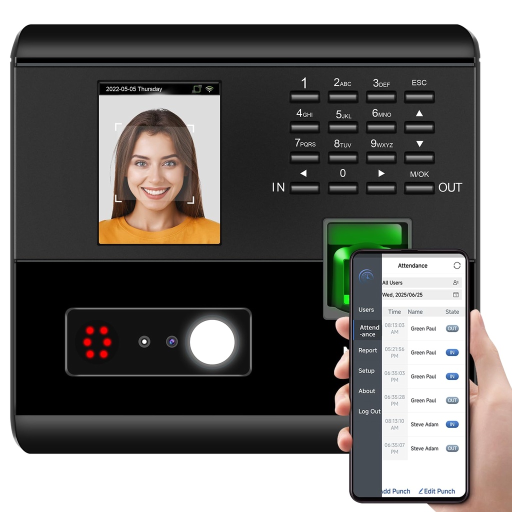 NGTeco Clock in Machine, MB1 Time Clocks for Employees Small Business with Face, Fingerprint