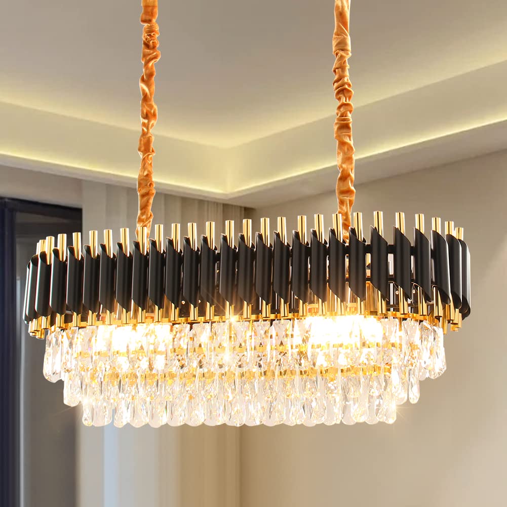FRIXCHUR Black Oval Crystal Chandelier Ceiling Light, Luxury K9 Crystal Pendant Light