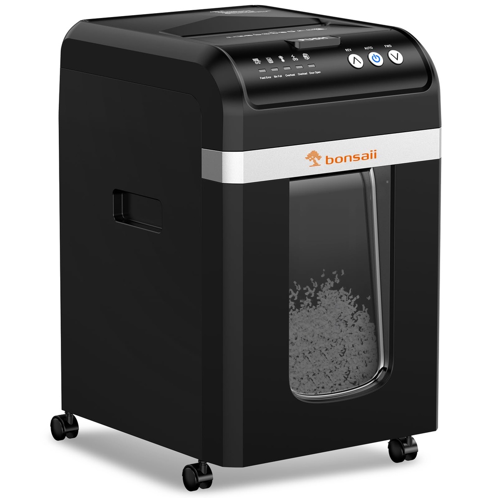 Bonsaii 200-Sheet Auto-Feed Shredder, P-4 Micro-Cut, 60-Min Continuous Run, 31L Bin, Heavy-Duty