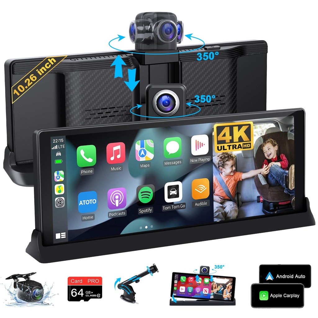 4K Apple Carplay Screen 10.26'' Car Play Screen 350° Rotatable Front Lens Wireless Carplay