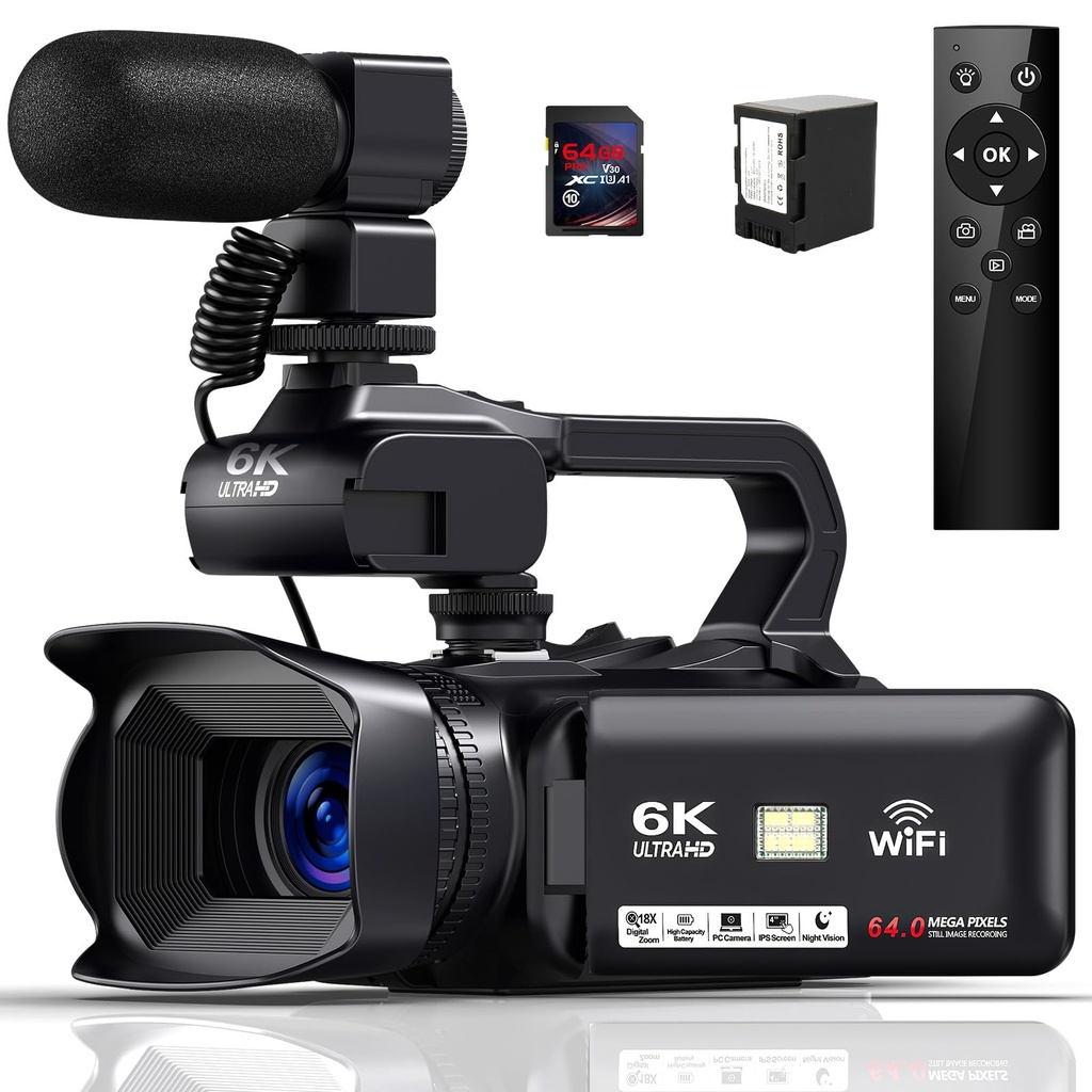 Camcorder 6K 64MP Video Camera 18X Digital Zoom IR Night Vision 4.0 Inch Touch Screen