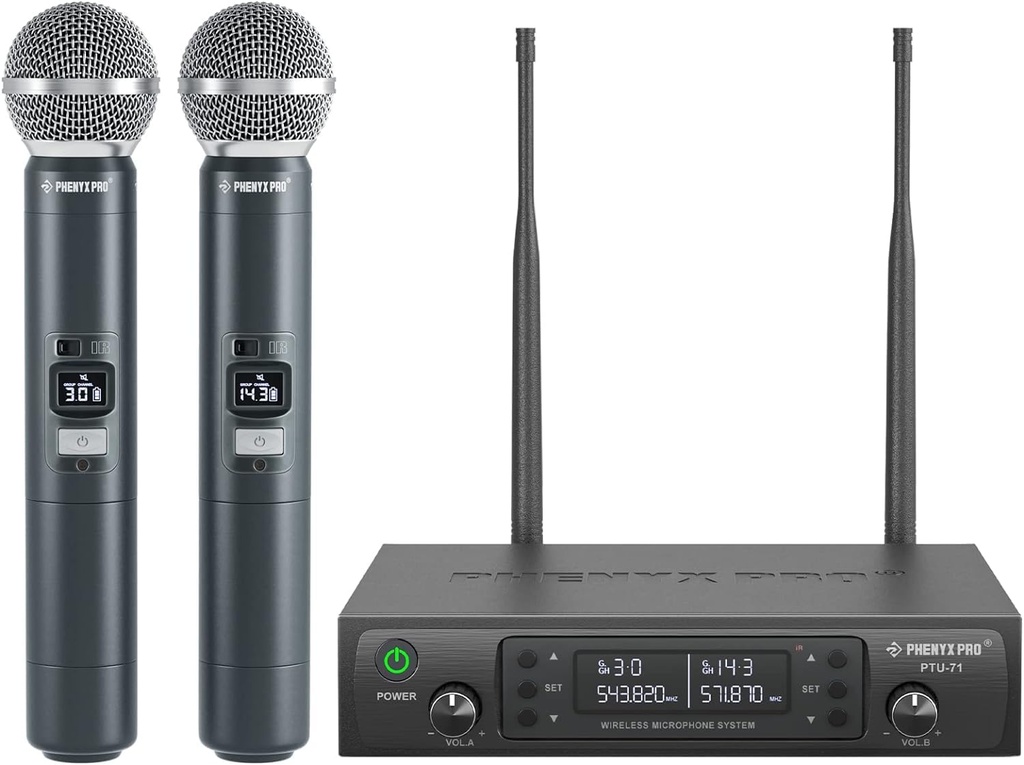 Phenyx Pro Wireless Microphone System, Dual Wireless Mics w/ 2 Handhelds, Auto Scan
