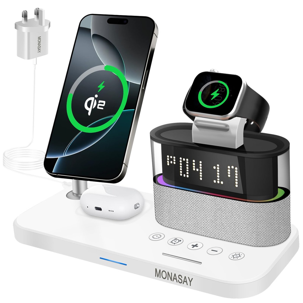 MONASAY Wireless Charging Station Qi2 5 in 1, 23W Wireless Charger with Alarm Clock