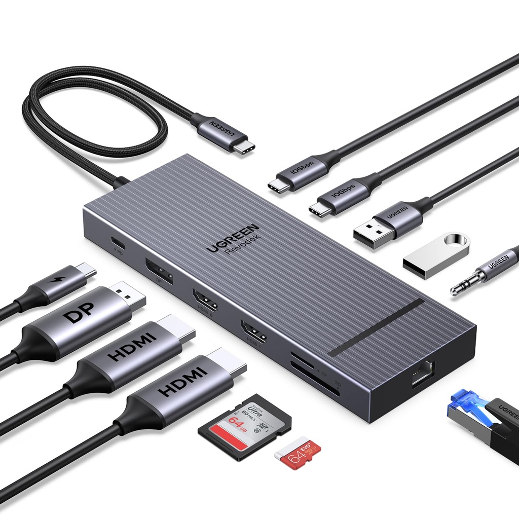 UGREEN Laptop Docking Station Triple Display (2x HDMI +DP), 12-in-1, 100W PD, 2ÃƒÂ—10Gbps US
